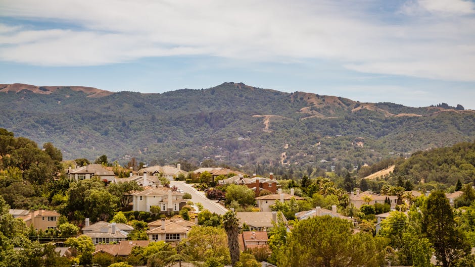 A panoramic view of a residential neighbourhood in Woodside during daylight, featuring a variety of houses with different roof styles, including tiled and flat roofs, surrounded by many green trees and shrubs. The street is visible winding uphill among the homes, with some parked cars along the curb. In the background, a mountain range with lush greenery rises under a partly cloudy sky, providing a scenic backdrop that highlights the area's natural landscape. This setting may be part of a property or street scene related to home removals or furniture transport in the context of relocating to Woodside from Addiscombe, as coordinated by Man with Van Woodside. The overall scene emphasizes the peaceful residential environment and diverse housing architecture typical of the area, suitable for a detailed description supporting moving and packing services.